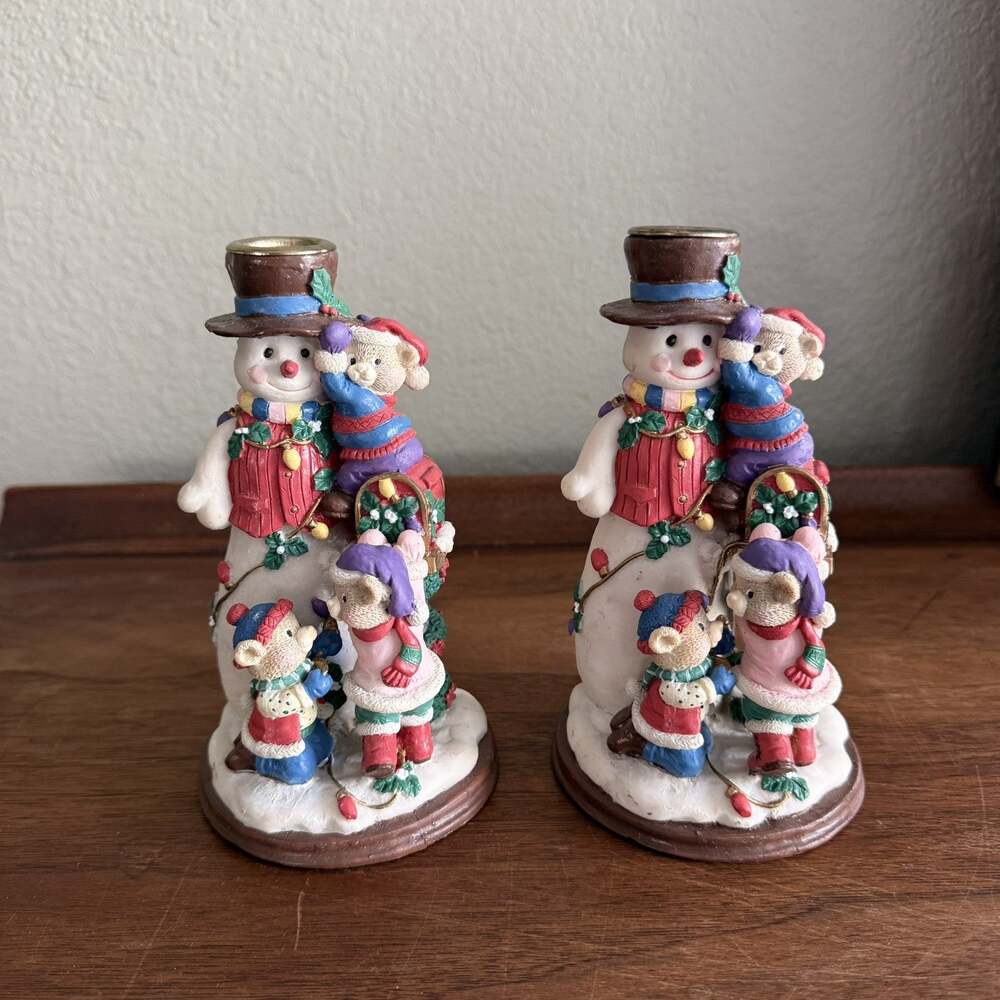 Vintage Christmas Snowman Candel Holders 1995 Santa's Workbench Set of 2